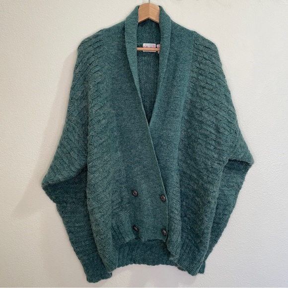 Vintage 80s Wool Blend Knit Double Breasted Shawl Collar Cardigan - Teal - Picture 3 of 13